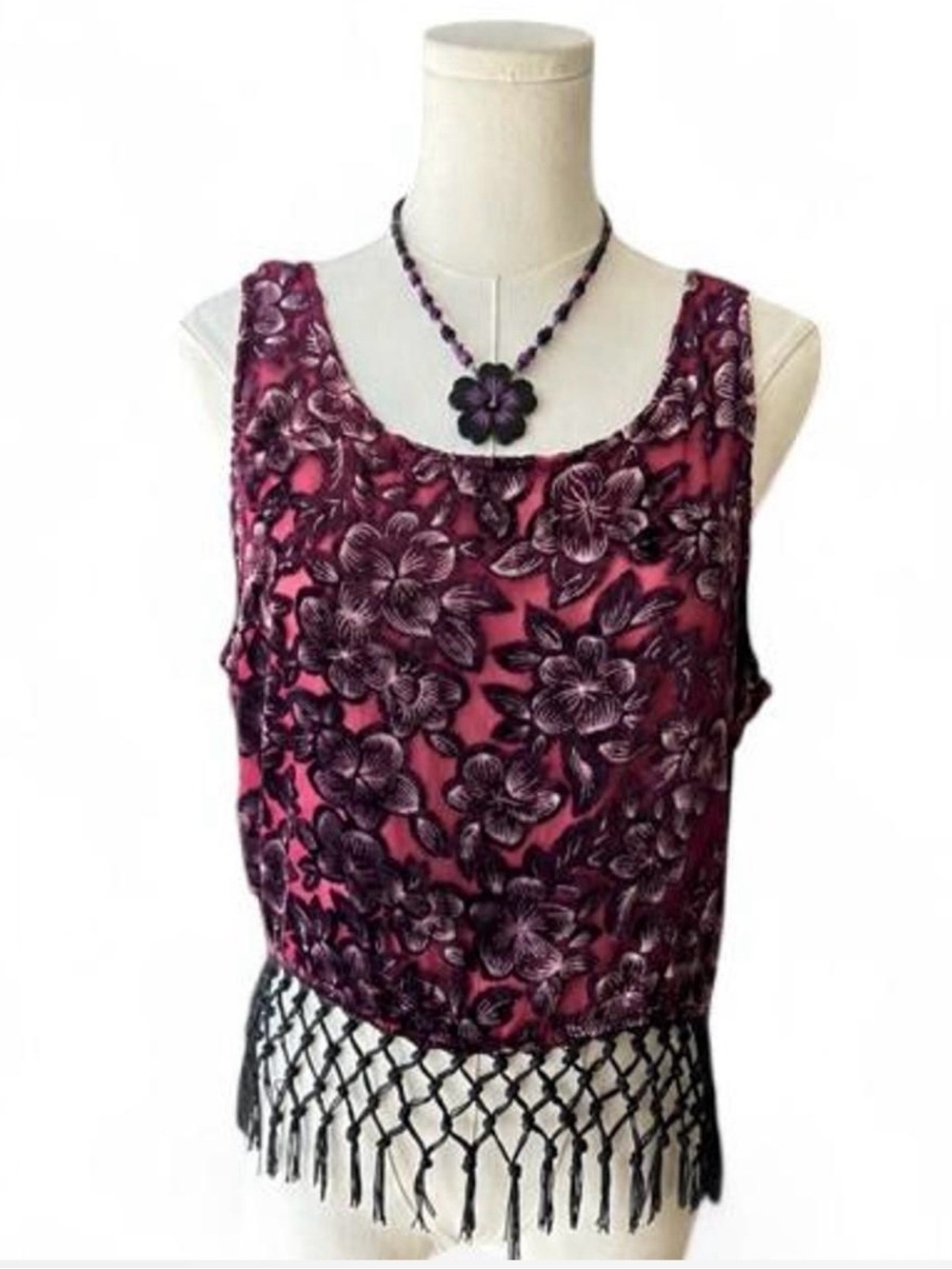 Gothic Y2K Hawaiian Burnout Velvet Sleeveless Purple Pink Black Fringe Top S VTG